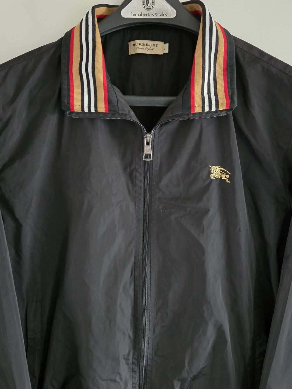 Burberry Black Zip-Front Men's Jacket with Striped Trim XL